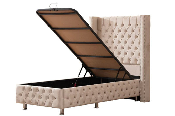 Lit Coffre Enfant CLOUTE BEIGE - Velours capitonné