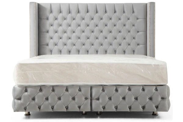 Lit Coffre CLOUTE GRIS - Velours capitonné