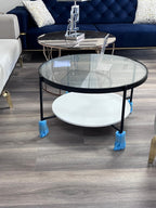 Table basse ronde en verre et métal noir avec étagère blanche